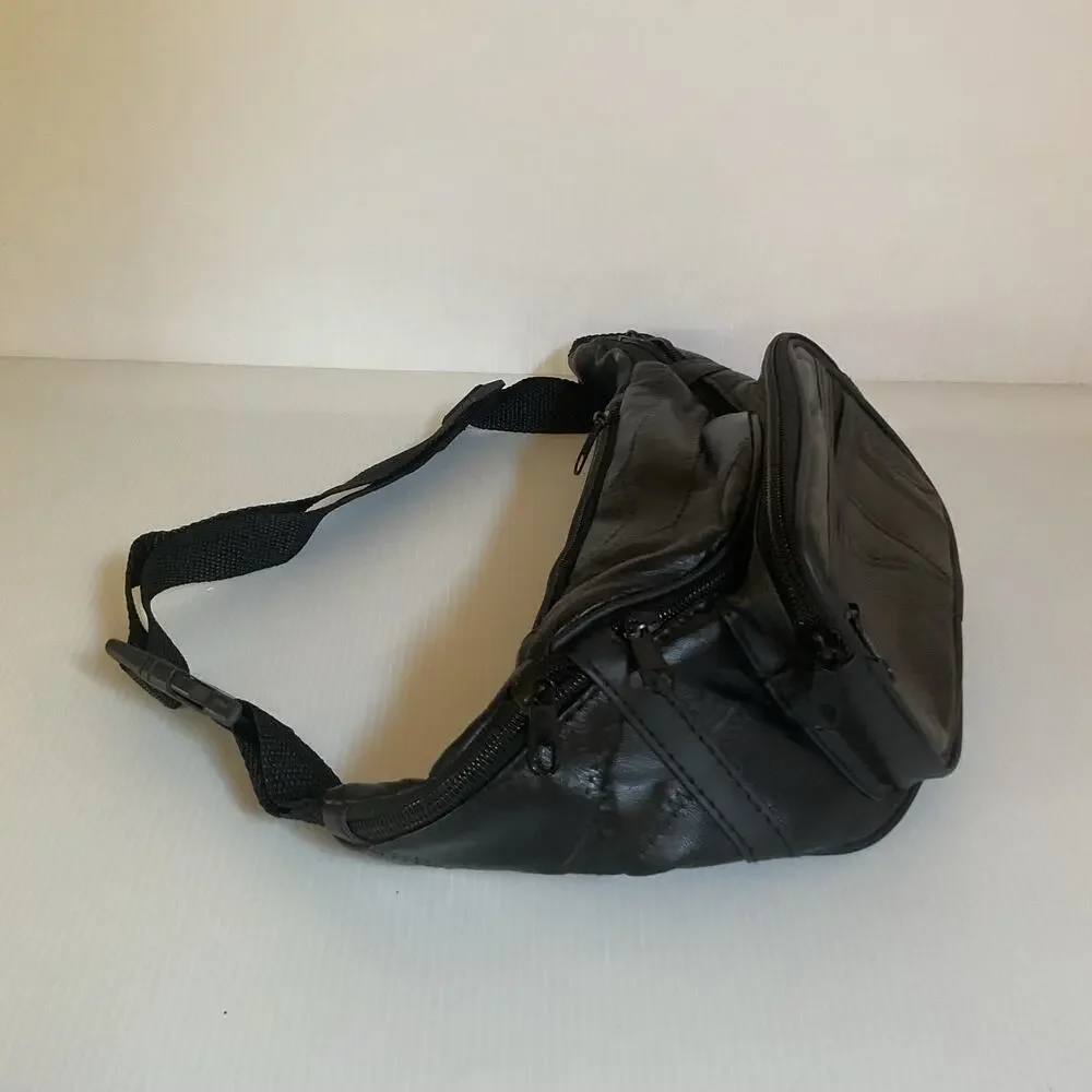 Vintage Genuine Leather Black Fanny Pack Waist Bag Multi Pocket Adjustable